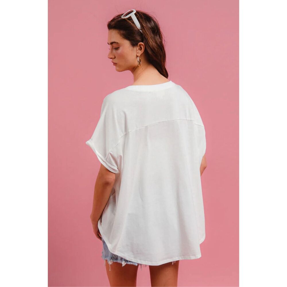 #252. BIBI Red, White, & Frosty Oversized Solid Terry Cap Sleeve Cone Patch Tee - Picture 3 of 3